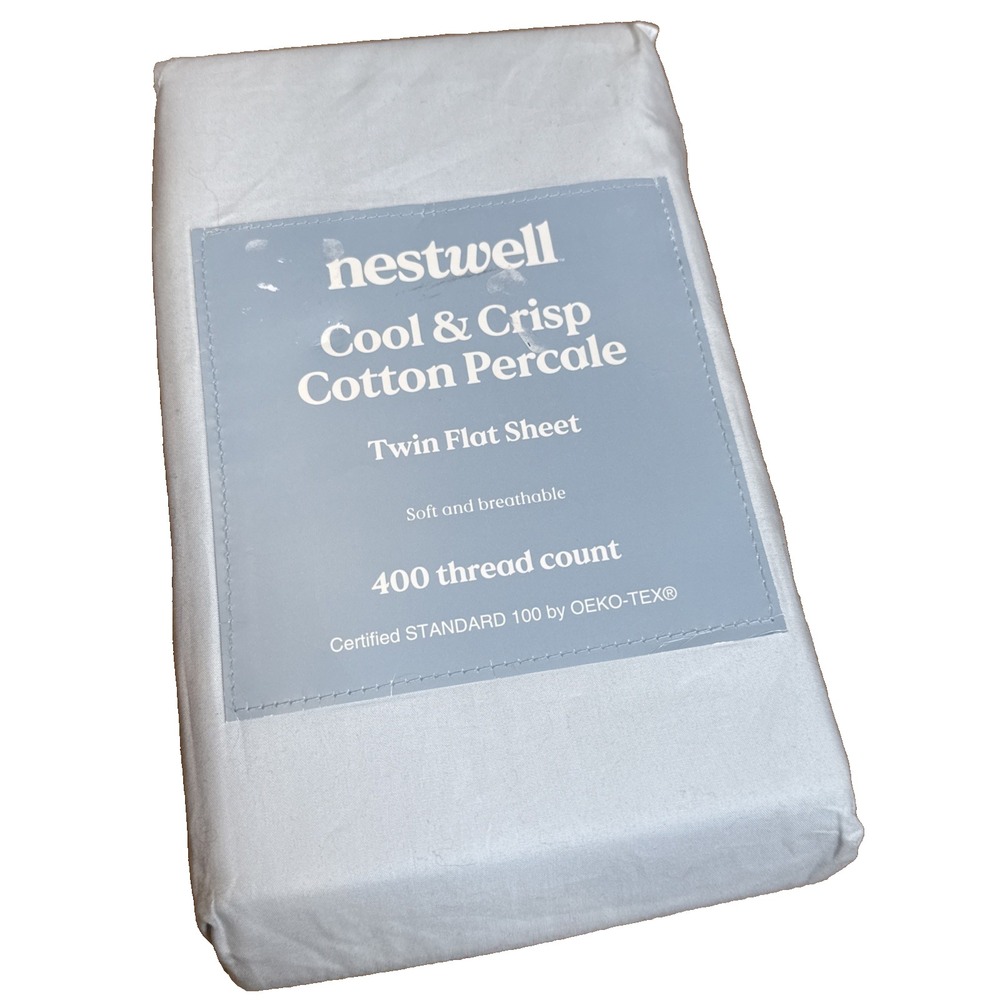 Nestwell Cotton Sateen 400 Thread Count Illusion Blue Twin Flat Sheet NIP